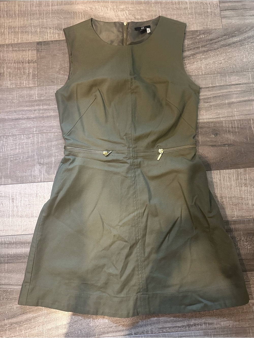 H&M Sleeveless Olive Green Sheath Dress with Gold Zip Detail